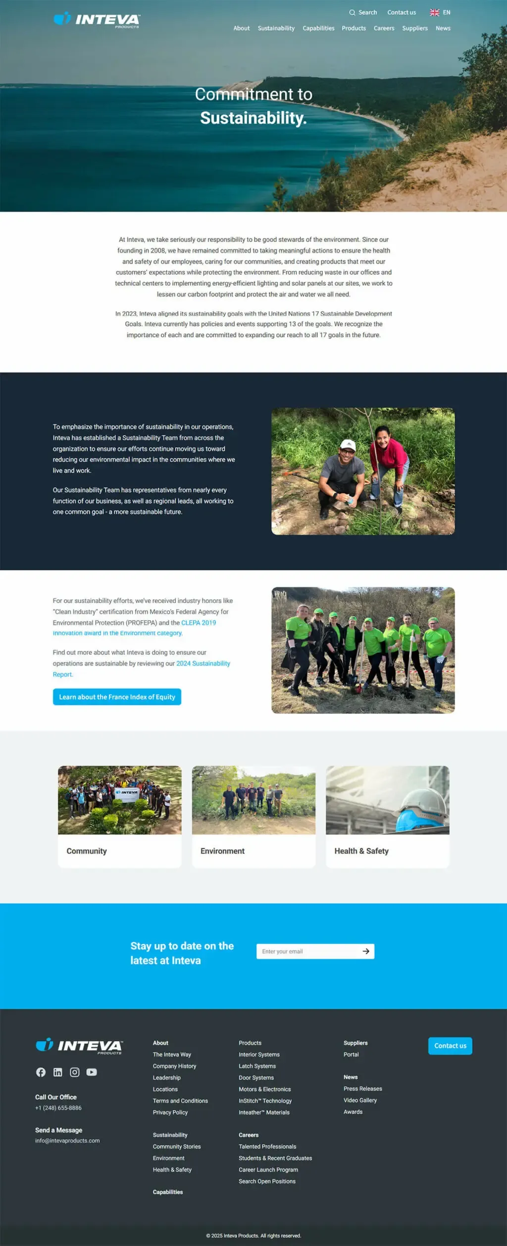 Inteva sustainability page after redesign