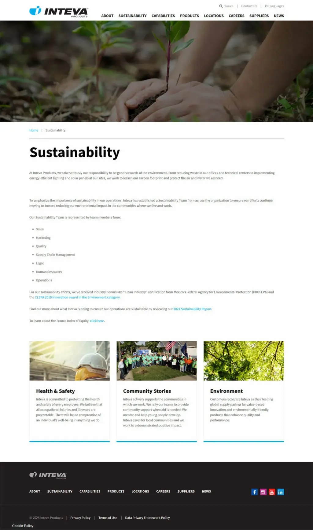 Inteva sustainability page before redesign