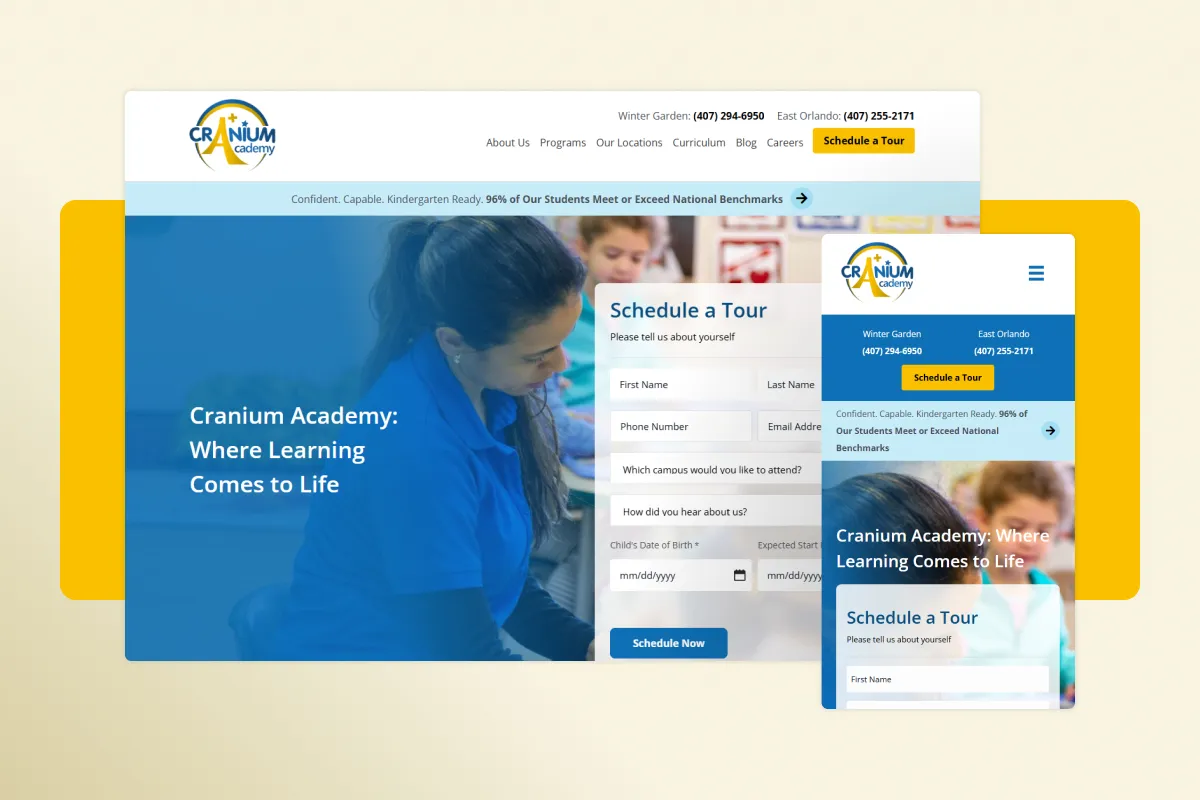 Cranium Academy site on desktop and mobile, with its Schedule a Tour form