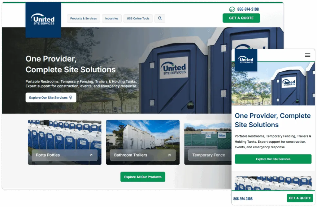 United Site Services website on desktop and mobile