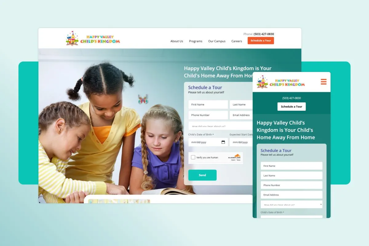 Happy Valley Child's Kingdom site on desktop and mobile, with its Schedule a Tour form