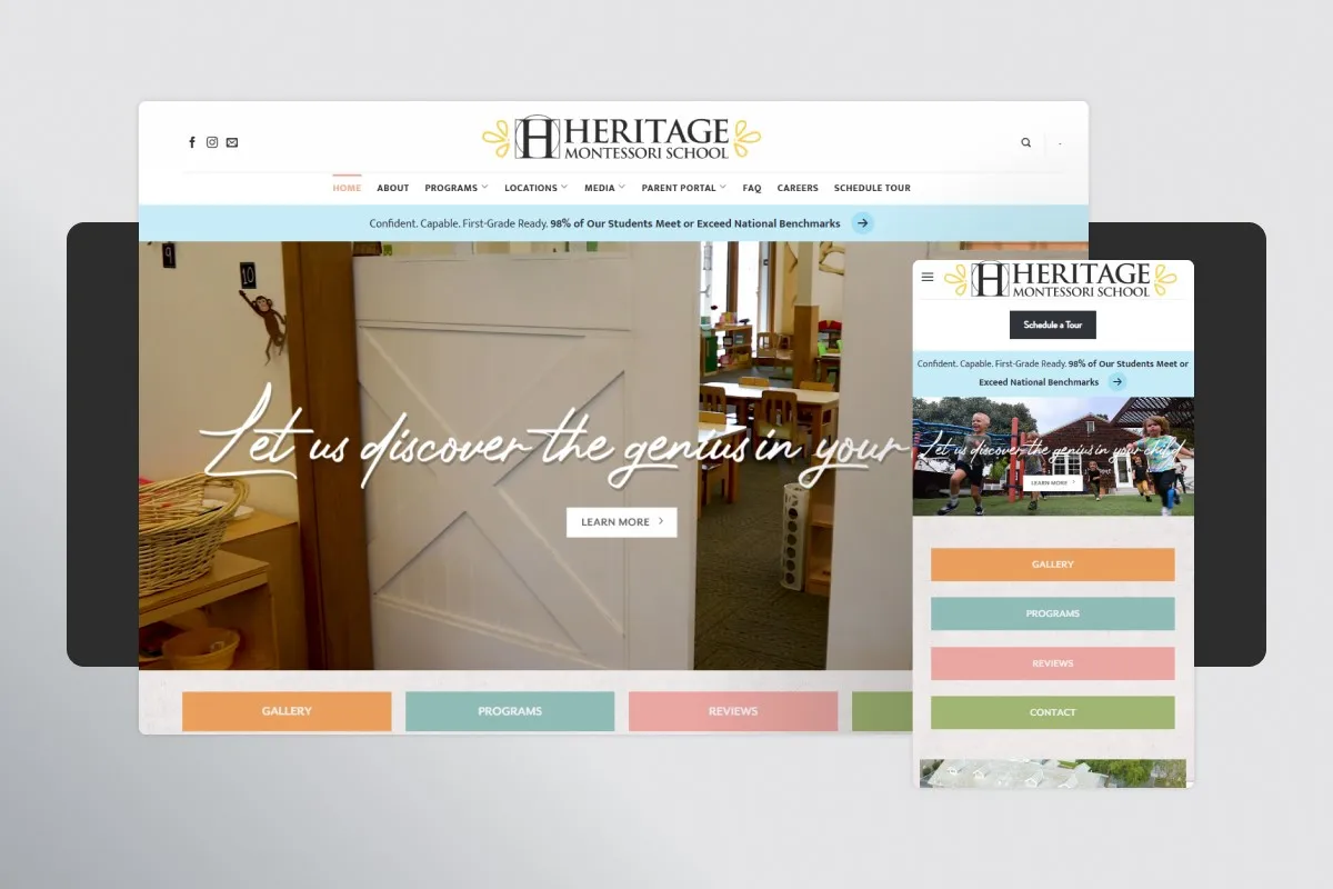 Heritage Montessori School site on desktop and mobile, with its Schedule a Tour form