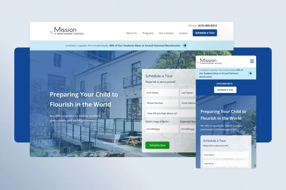 Mission Montessori School site on desktop and mobile, with its Schedule a Tour form