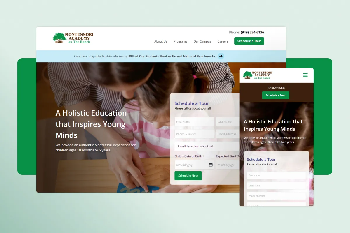 Montessori Academy on the Ranch site on desktop and mobile, with its Schedule a Tour form