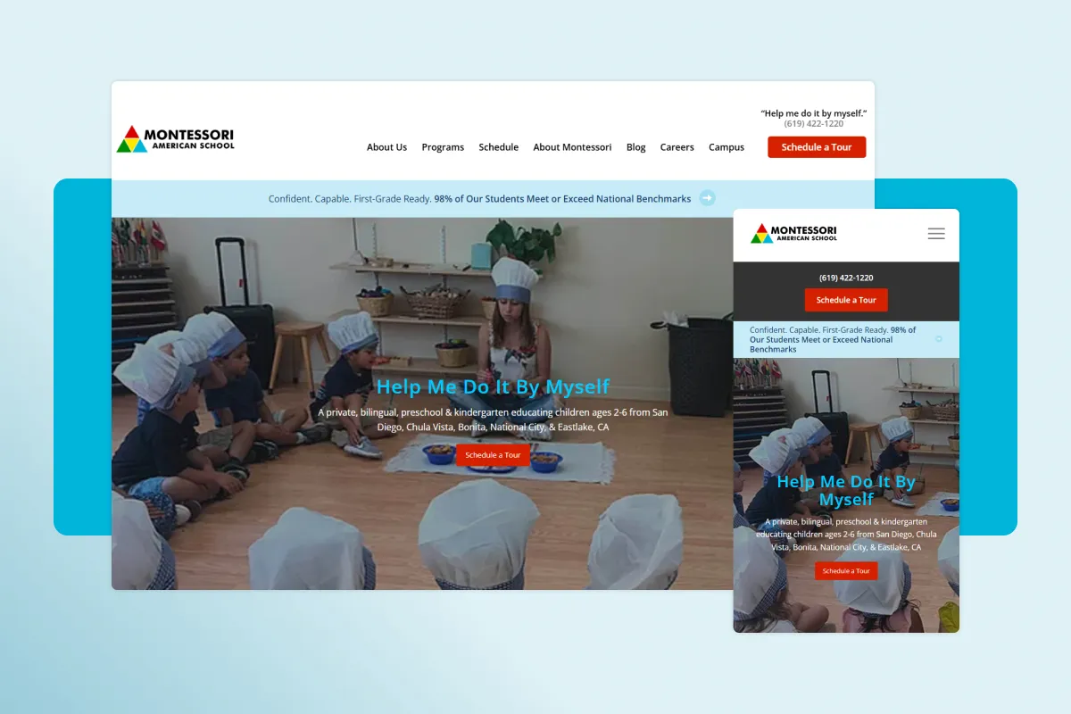 Montessori American School site on desktop and mobile, with its Schedule a Tour form