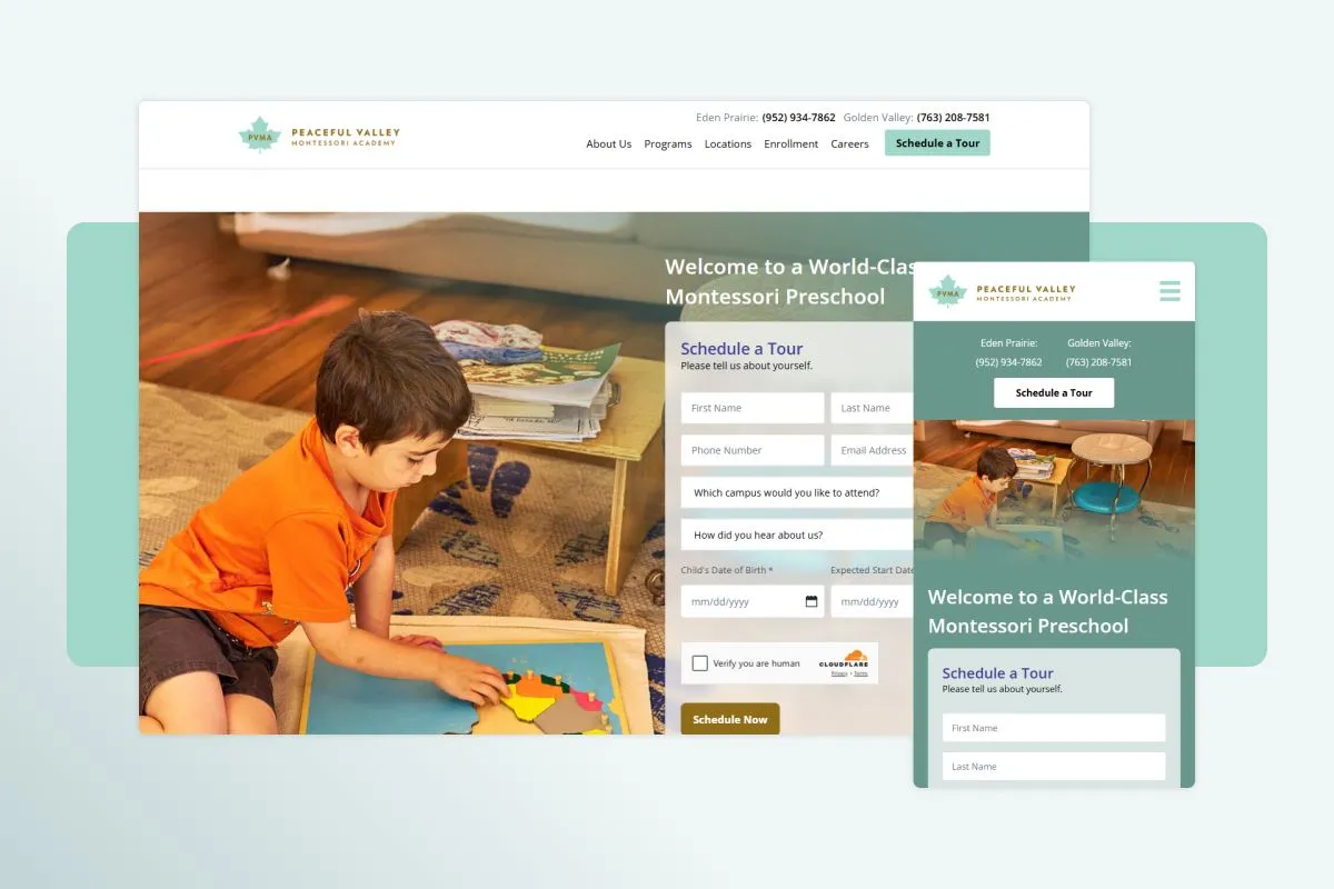 Peaceful Valley Montessori Academy site on desktop and mobile, with its Schedule a Tour form
