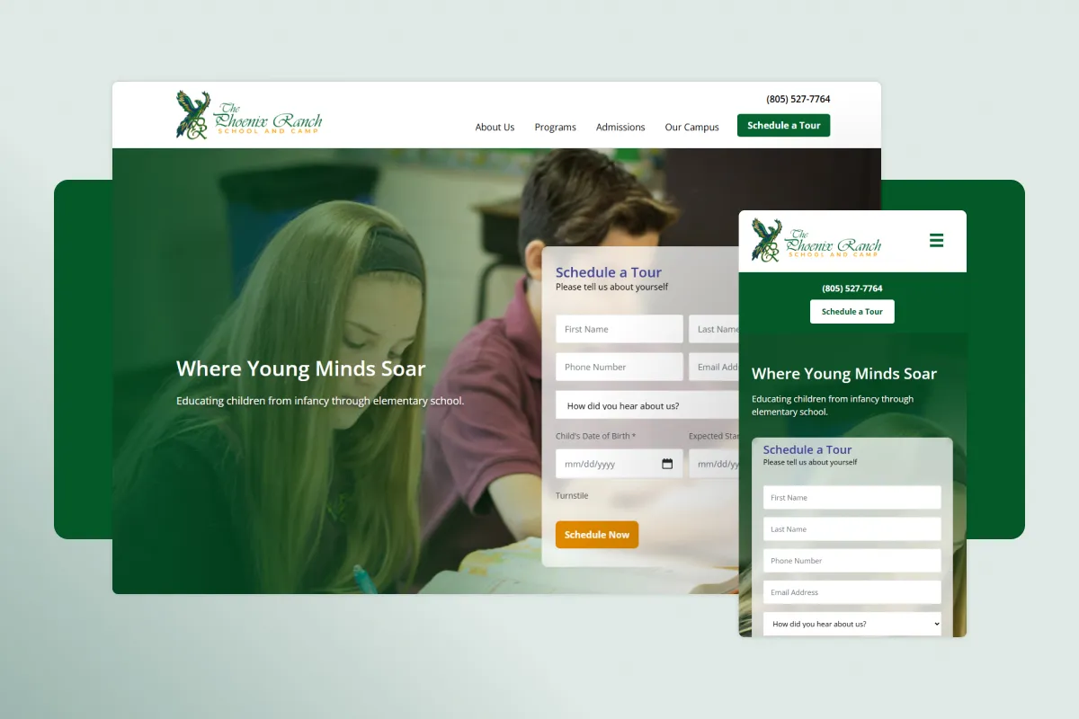 Phoenix Ranch School site on desktop and mobile, with its Schedule a Tour form