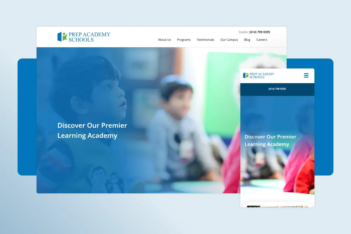 Prep Academy Schools site on desktop and mobile, with its Schedule a Tour form