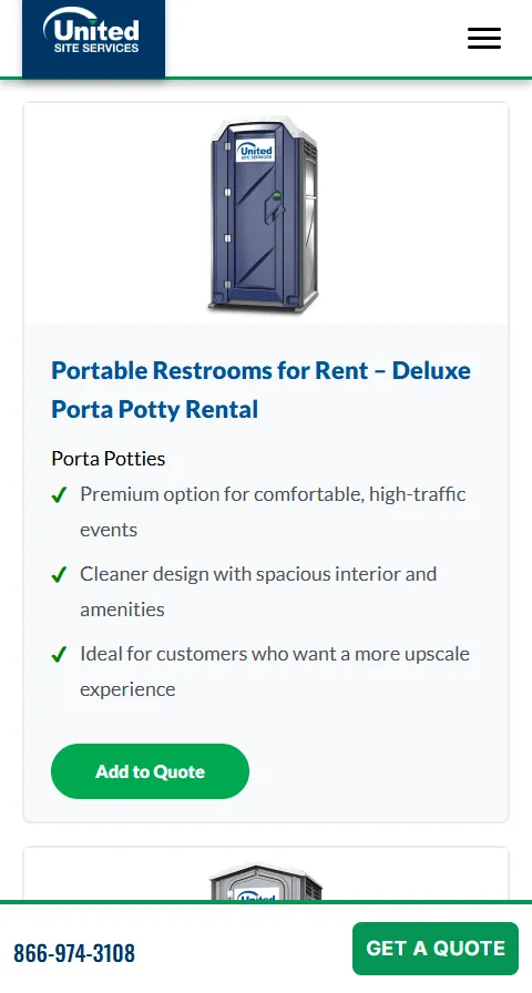 United Site Services porta potty rental page on mobile