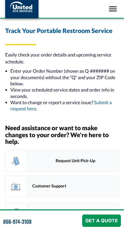 United Site Services order details step on mobile