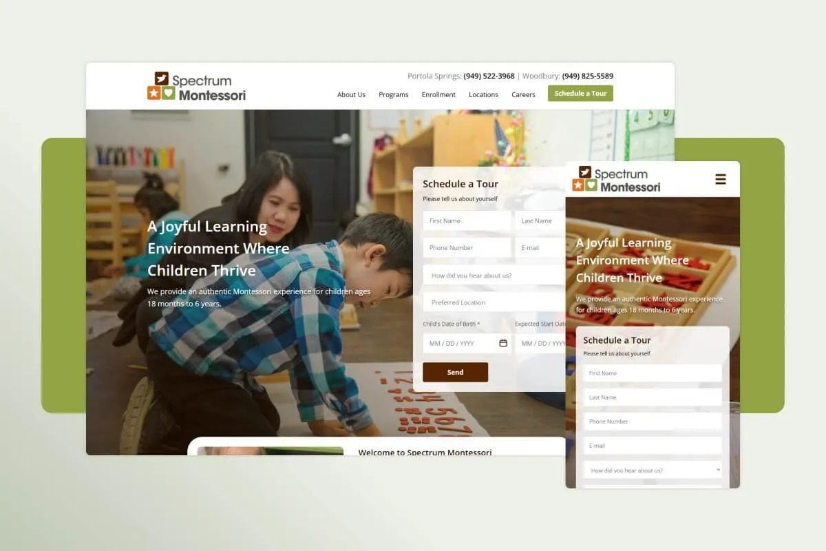 Spectrum Montessori site on desktop and mobile, with its Schedule a Tour form