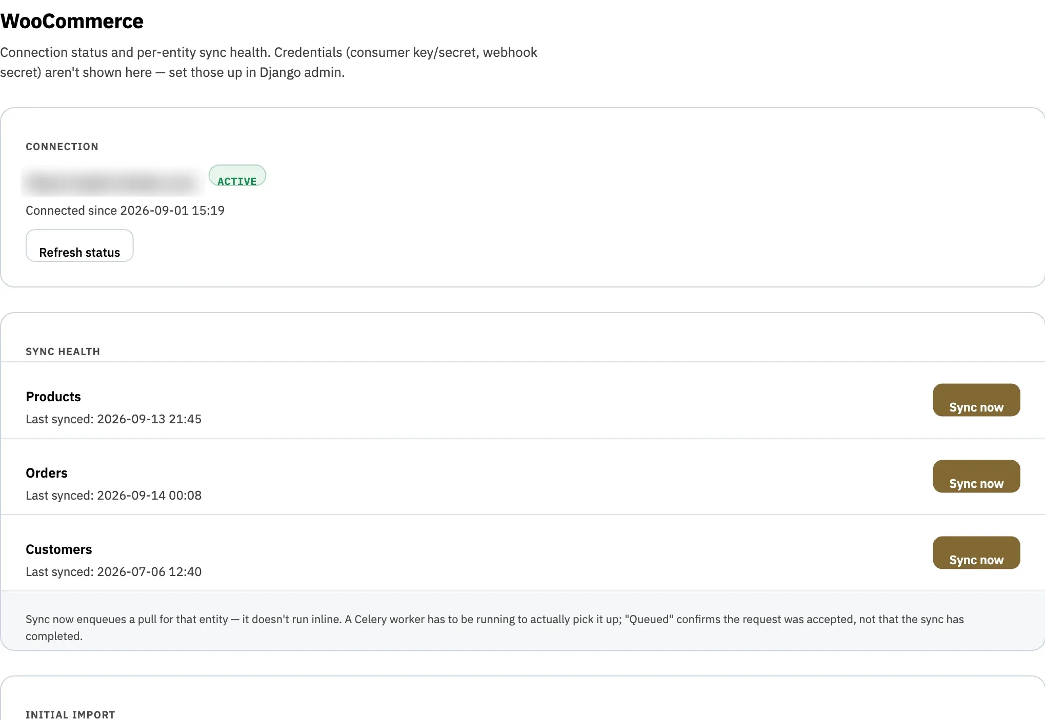 Bright Commerce WooCommerce settings with connection status and per-entity sync health