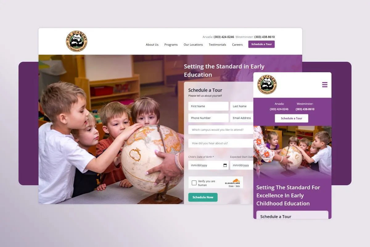 The Academy ECE site on desktop and mobile, with its Schedule a Tour form