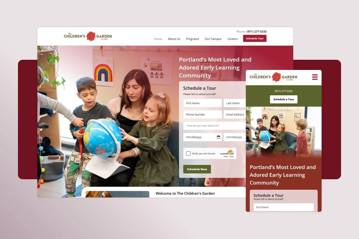 The Children's Garden site on desktop and mobile, with its Schedule a Tour form