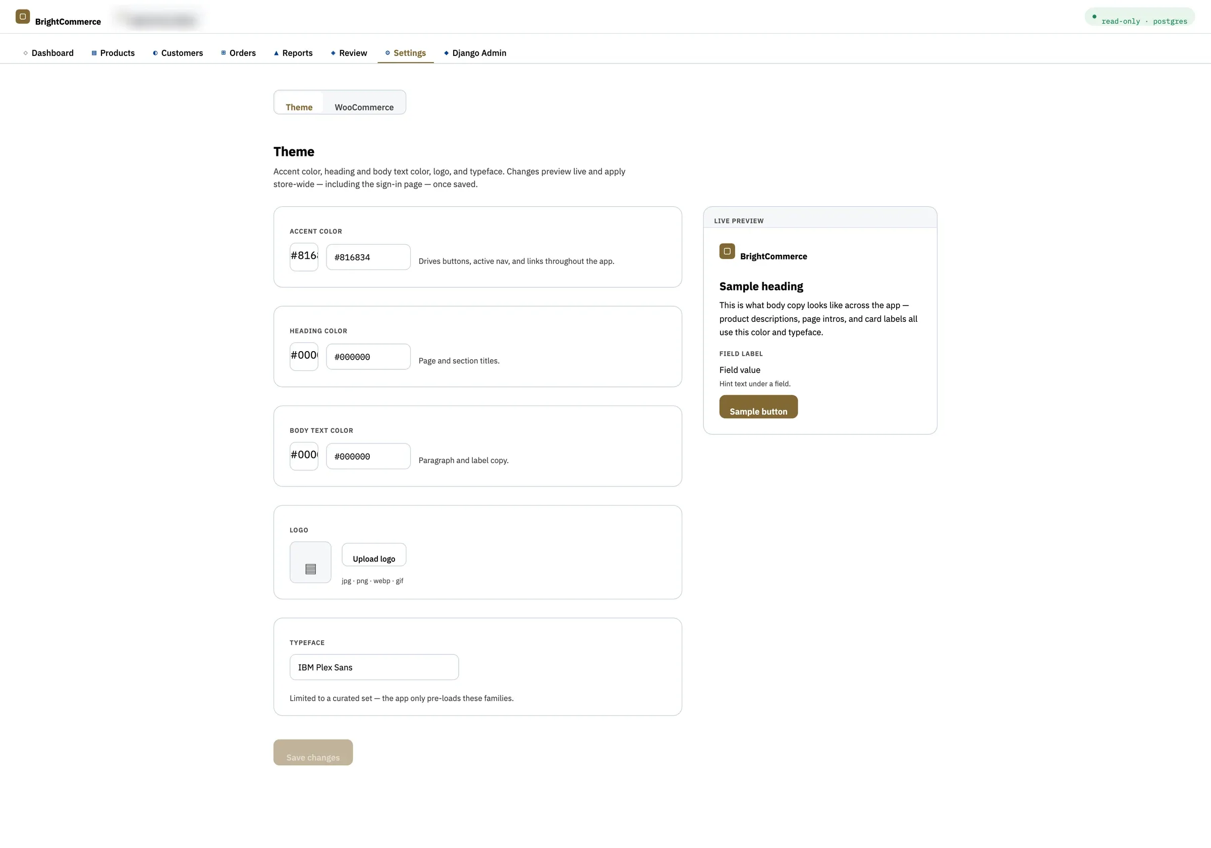 Bright Commerce branding settings with a live preview