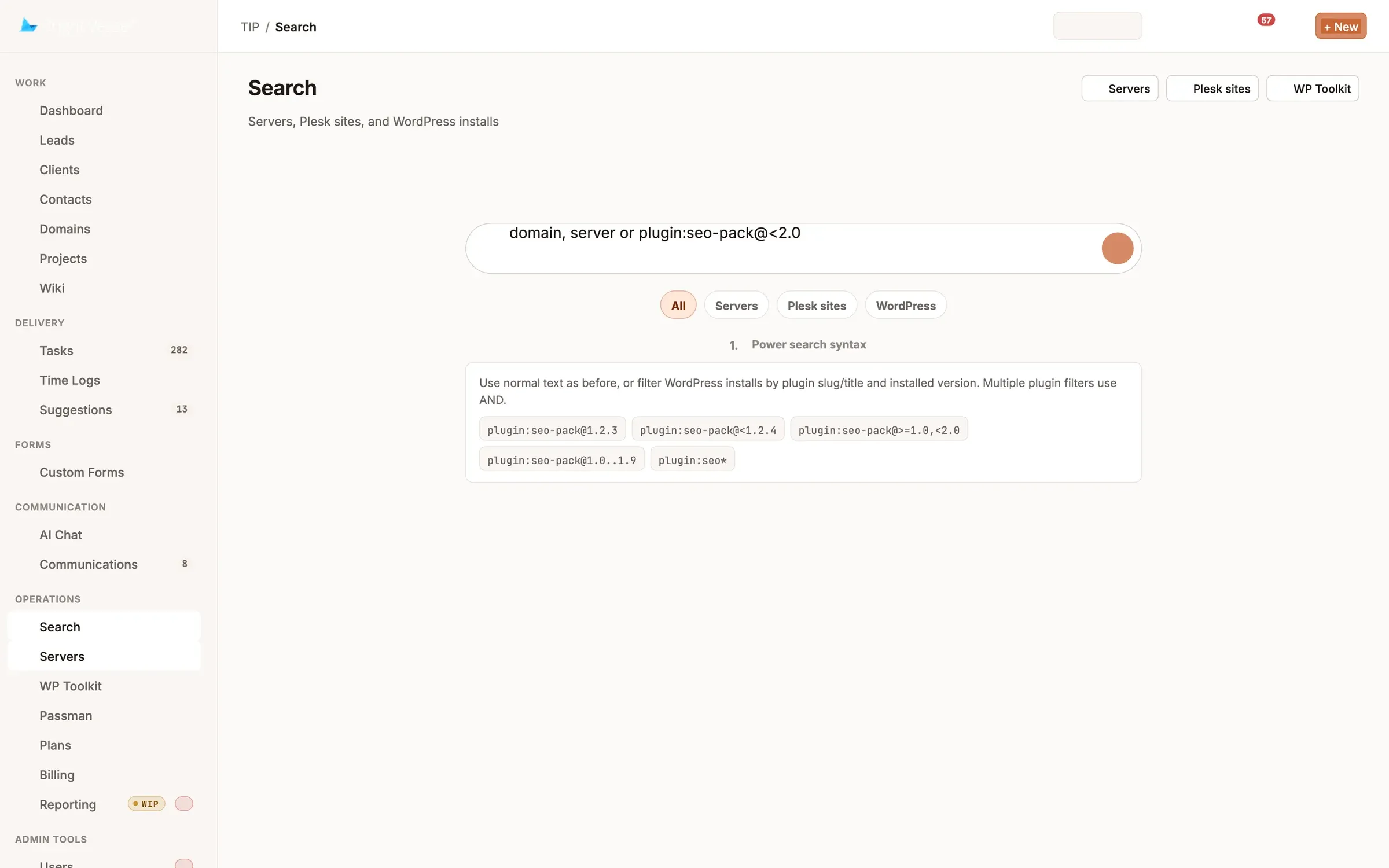 TIP operations search across servers, Plesk sites and WordPress installs